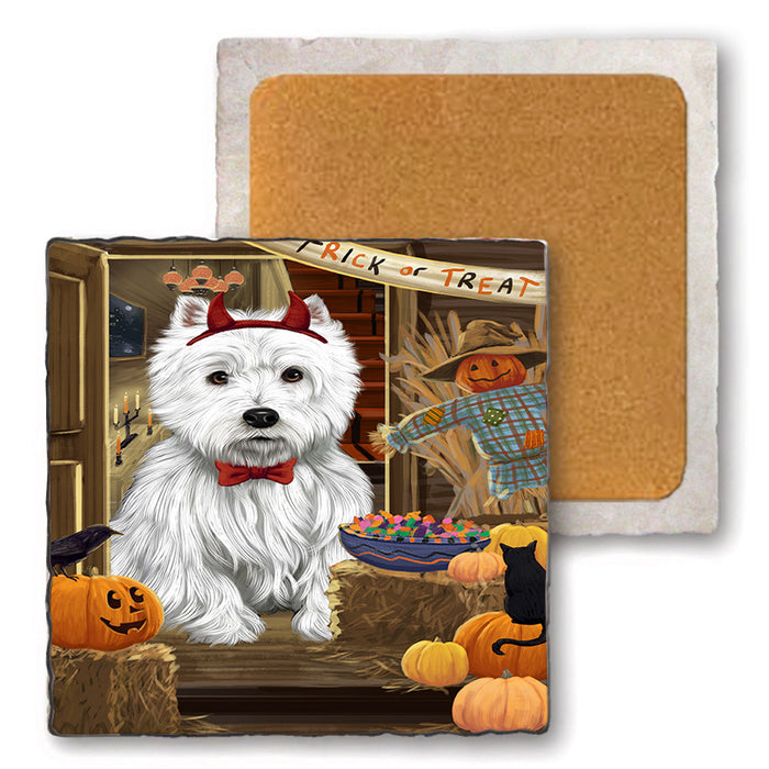 Enter at Own Risk Trick or Treat Halloween West Highland Terrier Dog Set of 4 Natural Stone Marble Tile Coasters MCST48337