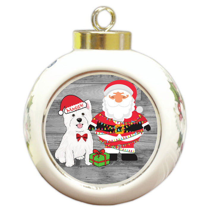 Custom Personalized West Highland Terrier Dog With Santa Wrapped in Light Christmas Round Ball Ornament