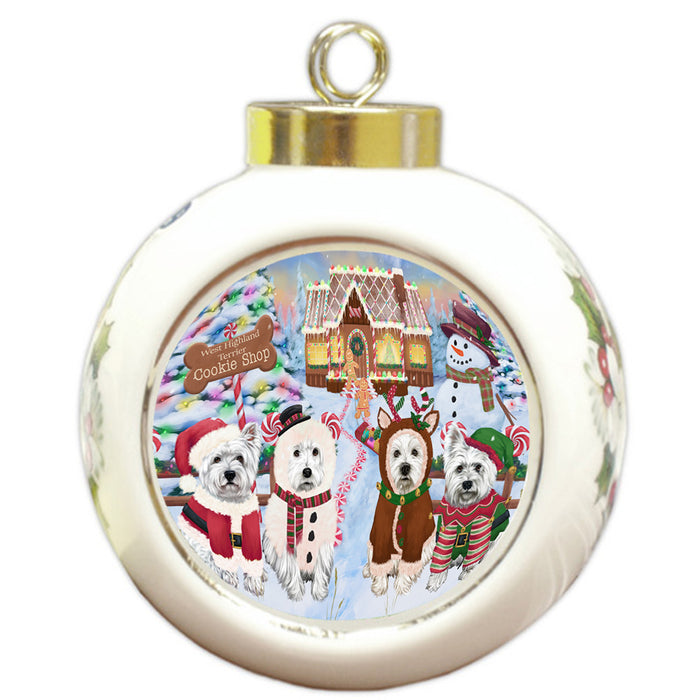 Holiday Gingerbread Cookie Shop West Highland Terriers Dog Round Ball Christmas Ornament RBPOR56987