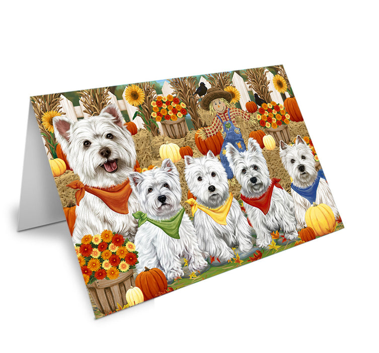 Fall Festive Gathering West Highland Terriers Dog with Pumpkins Handmade Artwork Assorted Pets Greeting Cards and Note Cards with Envelopes for All Occasions and Holiday Seasons GCD56465