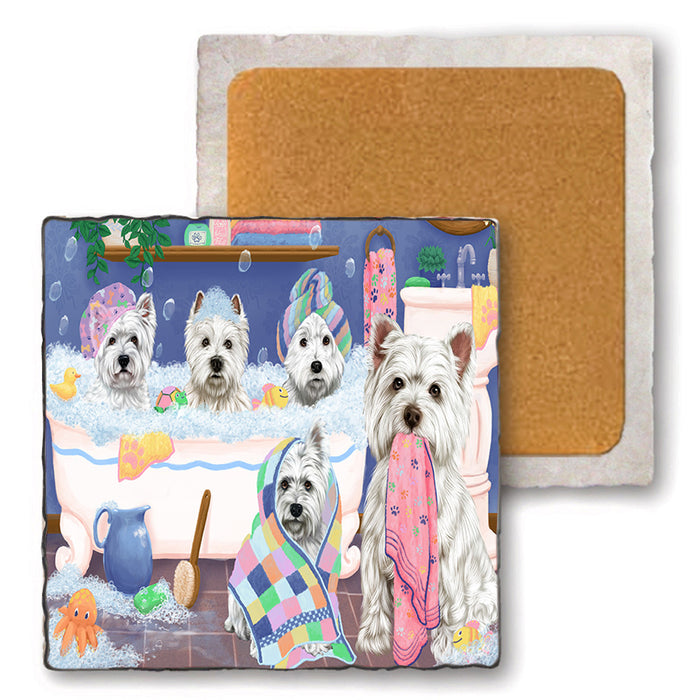 Rub A Dub Dogs In A Tub West Highland Terriers Dog Set of 4 Natural Stone Marble Tile Coasters MCST51834