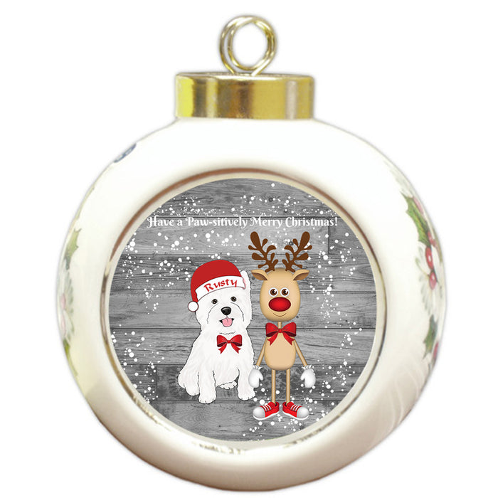 Custom Personalized West Highland Terrier Dog Reindeer and Pooch Christmas Round Ball Ornament