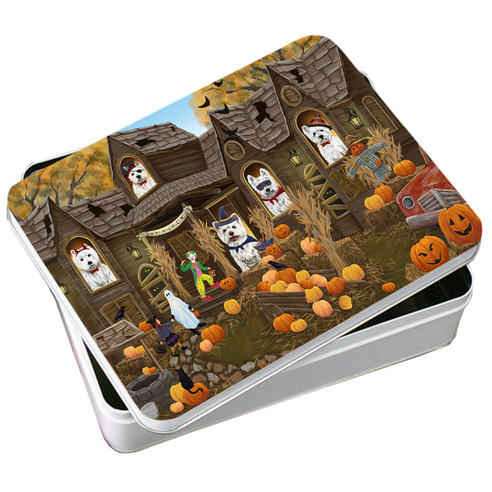 Haunted House Halloween Trick or Treat West Highland Terriers Dog Photo Storage Tin PITN52909