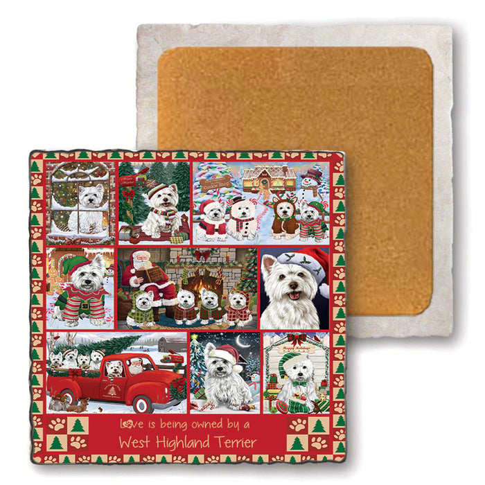 Love is Being Owned Christmas West Highland Terrier Dogs Set of 4 Natural Stone Marble Tile Coasters MCST52266