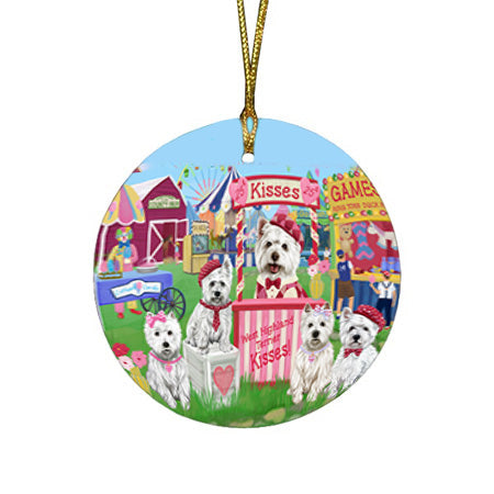 Carnival Kissing Booth West Highland Terriers Dog Round Flat Christmas Ornament RFPOR56405