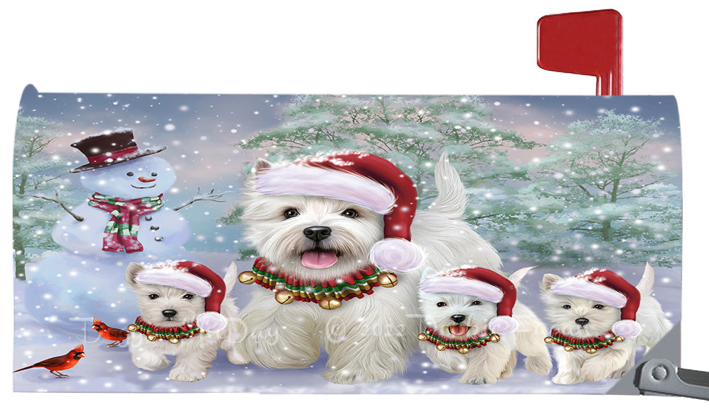 Christmas Running Family West Highland Terrier Dogs Magnetic Mailbox Cover Both Sides Pet Theme Printed Decorative Letter Box Wrap Case Postbox Thick Magnetic Vinyl Material