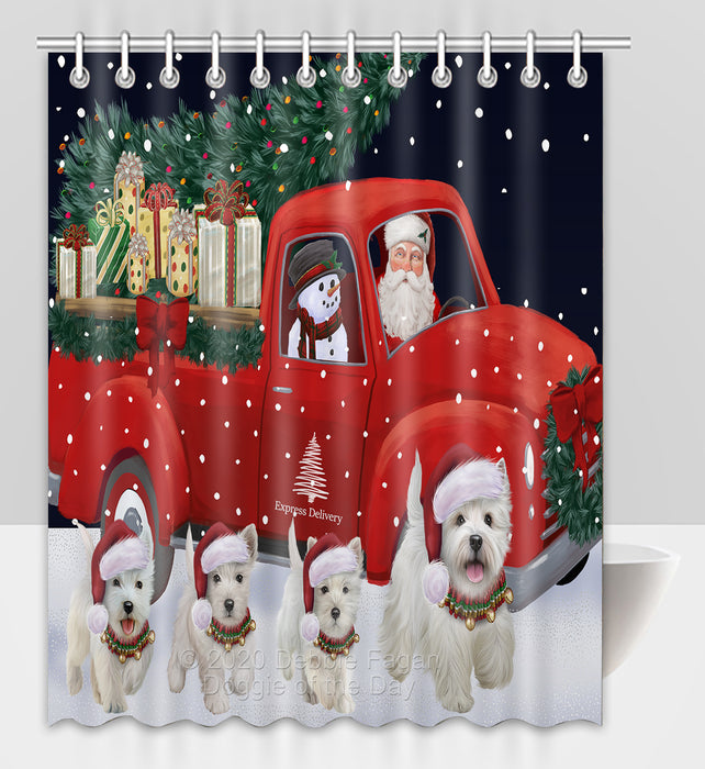 Christmas Express Delivery Red Truck Running West Highland Terrier Dogs Shower Curtain Bathroom Accessories Decor Bath Tub Screens