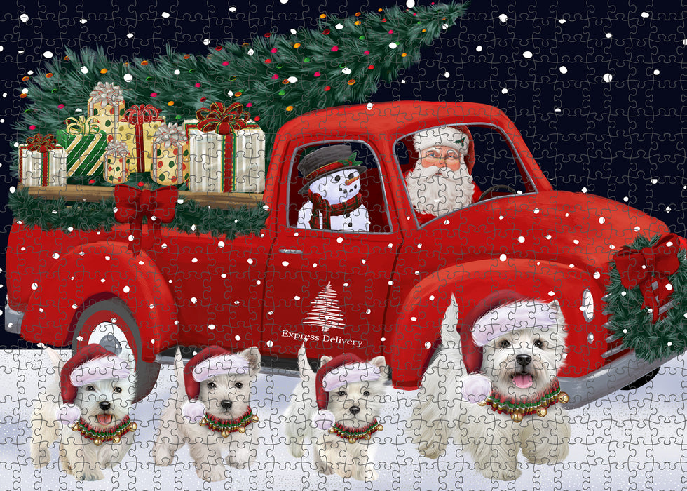 Christmas Express Delivery Red Truck Running West Highland Terrier Dogs Puzzle with Photo Tin PUZL99852