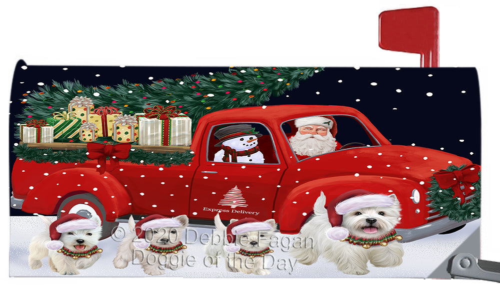 Christmas Express Delivery Red Truck Running West Highland Terrier Dog Magnetic Mailbox Cover Both Sides Pet Theme Printed Decorative Letter Box Wrap Case Postbox Thick Magnetic Vinyl Material