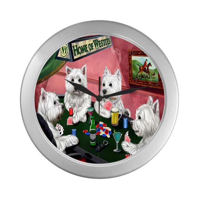 Home of West Highland White Terrier Dogs Playing Poker Silver Wall Clocks