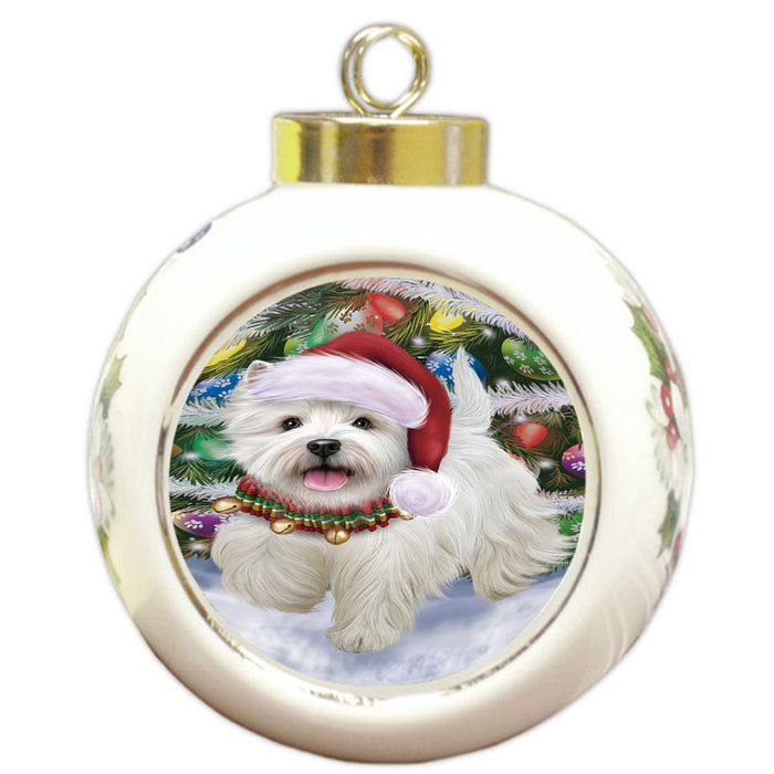 Trotting in the Snow West Highland White Terrier Dog Round Ball Christmas Ornament RBPOR57033
