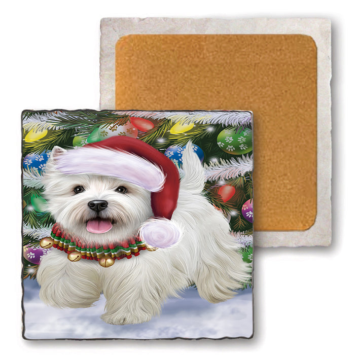 Trotting in the Snow West Highland White Terrier Dog Set of 4 Natural Stone Marble Tile Coasters MCST51677