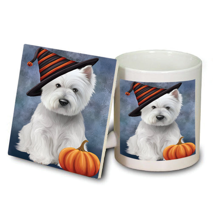Happy Halloween West Highland White Terrier Dog Wearing Witch Hat with Pumpkin Mug and Coaster Set MUC54831