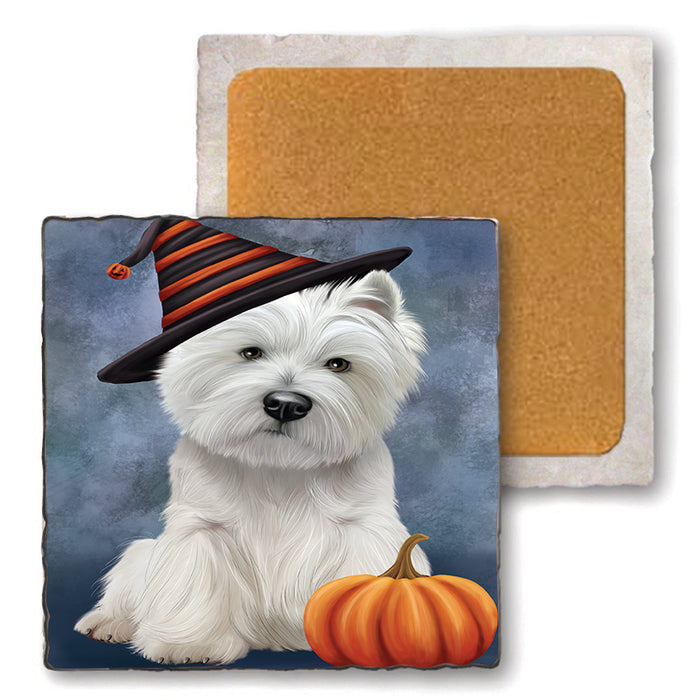 Happy Halloween West Highland White Terrier Dog Wearing Witch Hat with Pumpkin Set of 4 Natural Stone Marble Tile Coasters MCST49840