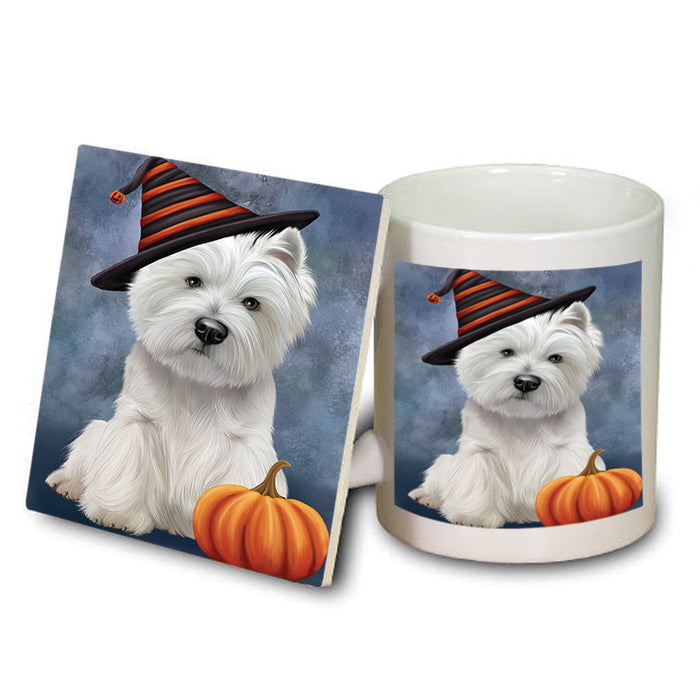 Happy Halloween West Highland White Terrier Dog Wearing Witch Hat with Pumpkin Mug and Coaster Set MUC54832