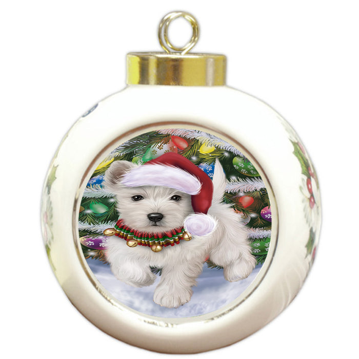 Trotting in the Snow West Highland White Terrier Dog Round Ball Christmas Ornament RBPOR57034