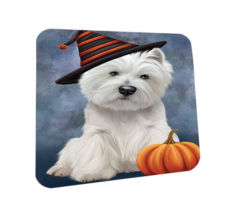 Happy Halloween West Highland White Terrier Dog Wearing Witch Hat with Pumpkin Coasters Set of 4 CST54798
