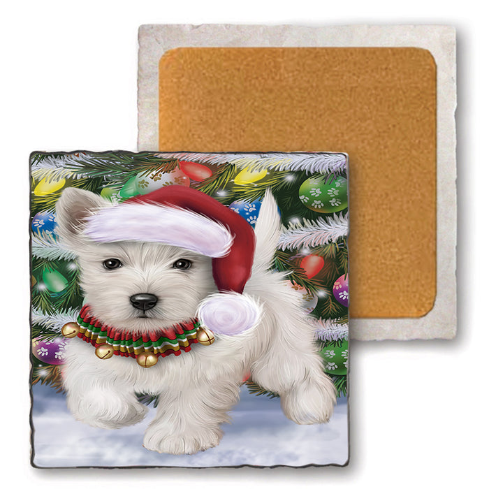Trotting in the Snow West Highland White Terrier Dog Set of 4 Natural Stone Marble Tile Coasters MCST51678