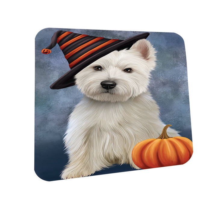 Happy Halloween West Highland White Terrier Dog Wearing Witch Hat with Pumpkin Coasters Set of 4 CST54799