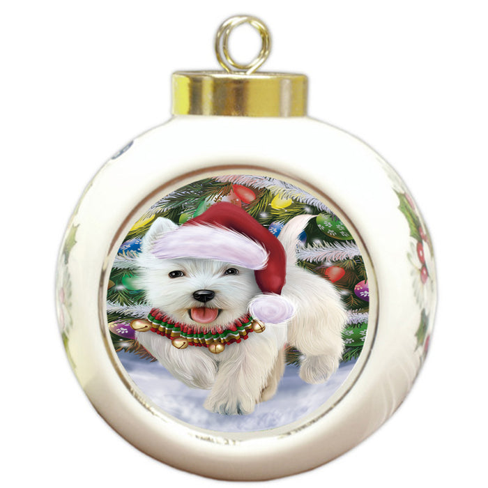 Trotting in the Snow West Highland White Terrier Dog Round Ball Christmas Ornament RBPOR57035