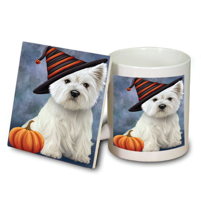 Happy Halloween West Highland White Terrier Dog Wearing Witch Hat with Pumpkin Mug and Coaster Set MUC54834