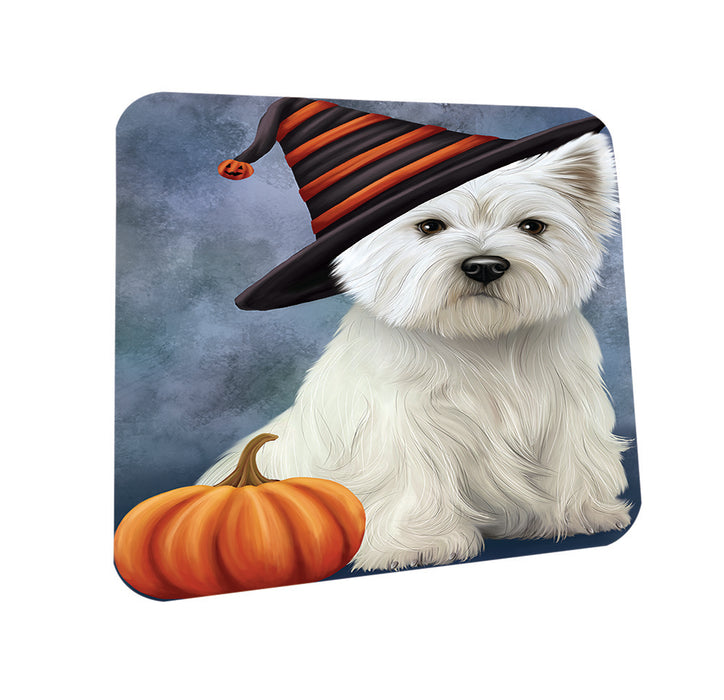 Happy Halloween West Highland White Terrier Dog Wearing Witch Hat with Pumpkin Coasters Set of 4 CST54800