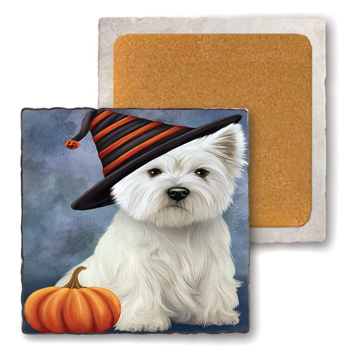 Happy Halloween West Highland White Terrier Dog Wearing Witch Hat with Pumpkin Set of 4 Natural Stone Marble Tile Coasters MCST49842