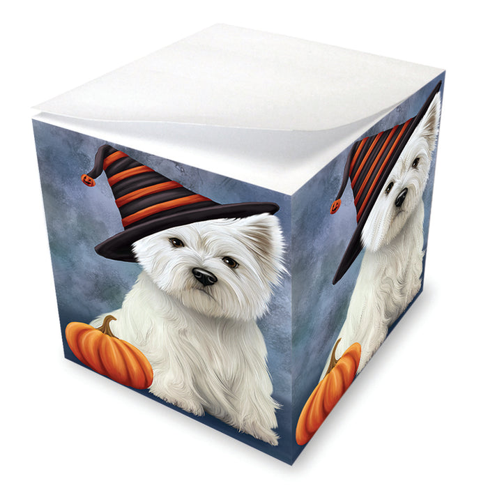 Happy Halloween West Highland White Terrier Dog Wearing Witch Hat with Pumpkin Note Cube NOC56488