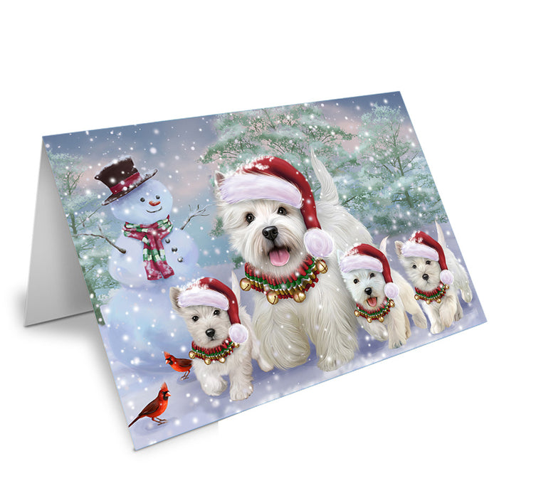 Christmas Running Family West Highland White Terriers Dog Handmade Artwork Assorted Pets Greeting Cards and Note Cards with Envelopes for All Occasions and Holiday Seasons GCD74447