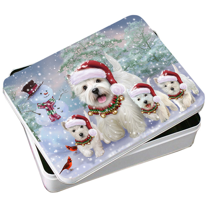 Christmas Running Family West Highland White Terriers Dog Photo Storage Tin PITN56587