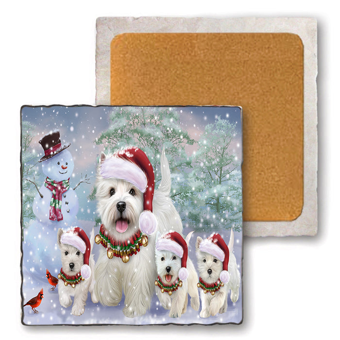 Christmas Running Family West Highland White Terriers Dog Set of 4 Natural Stone Marble Tile Coasters MCST51644