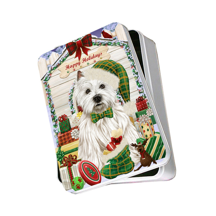 Happy Holidays Christmas West Highland Terrier Dog House With Presents Photo Storage Tin PITN51532
