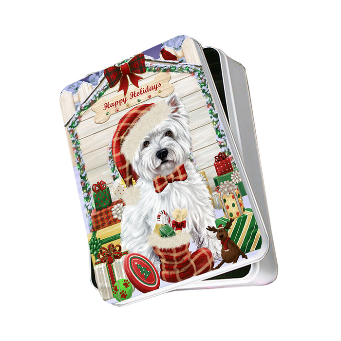 Happy Holidays Christmas West Highland Terrier Dog House With Presents Photo Storage Tin PITN51534