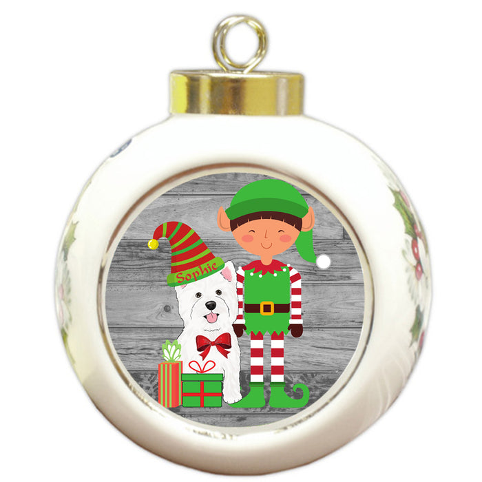 Custom Personalized West Highland Terrier Dog Elfie and Presents Christmas Round Ball Ornament