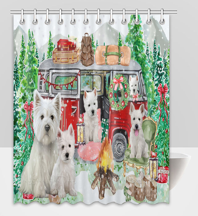 Christmas Time Camping with West Highland Terrier Dogs Shower Curtain Pet Painting Bathtub Curtain Waterproof Polyester One-Side Printing Decor Bath Tub Curtain for Bathroom with Hooks