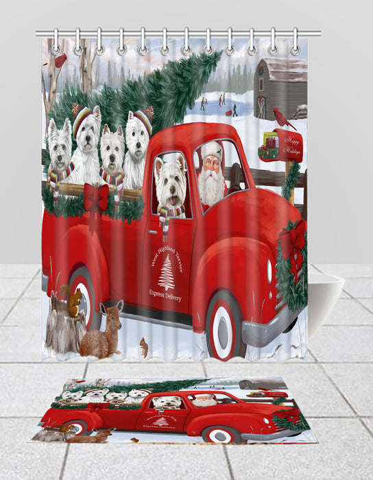 Christmas Santa Express Delivery Red Truck West Highland Terrier Dogs Bath Mat and Shower Curtain Combo