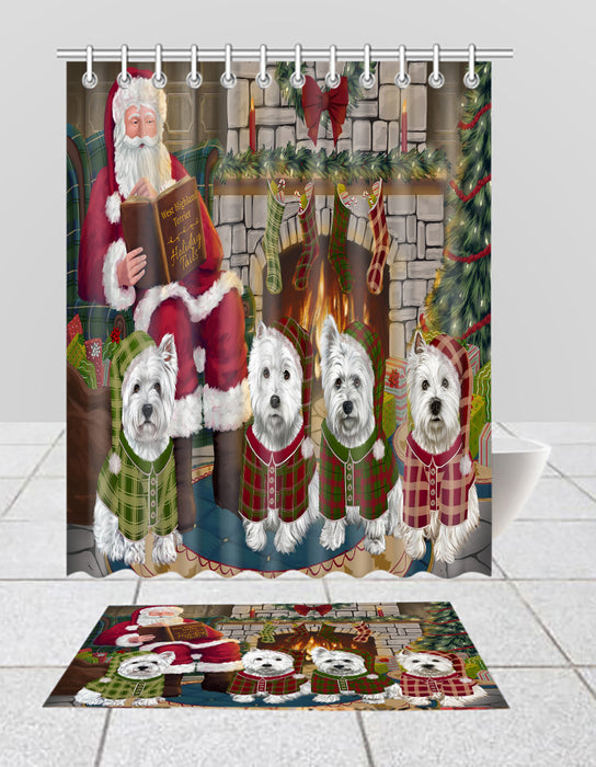 Christmas Cozy Holiday Fire Tails West Highland Terrier Dogs Bath Mat and Shower Curtain Combo