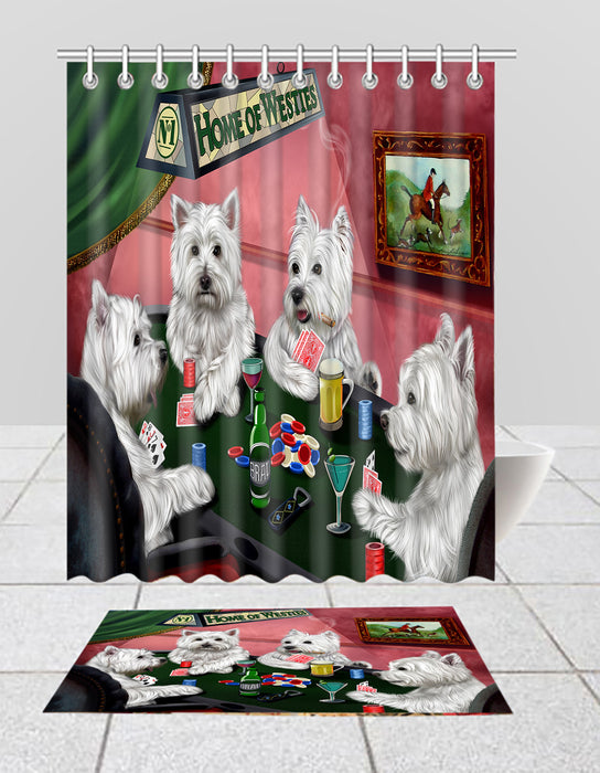 Home of  West Highland White Terrier Dogs Playing Poker Bath Mat and Shower Curtain Combo