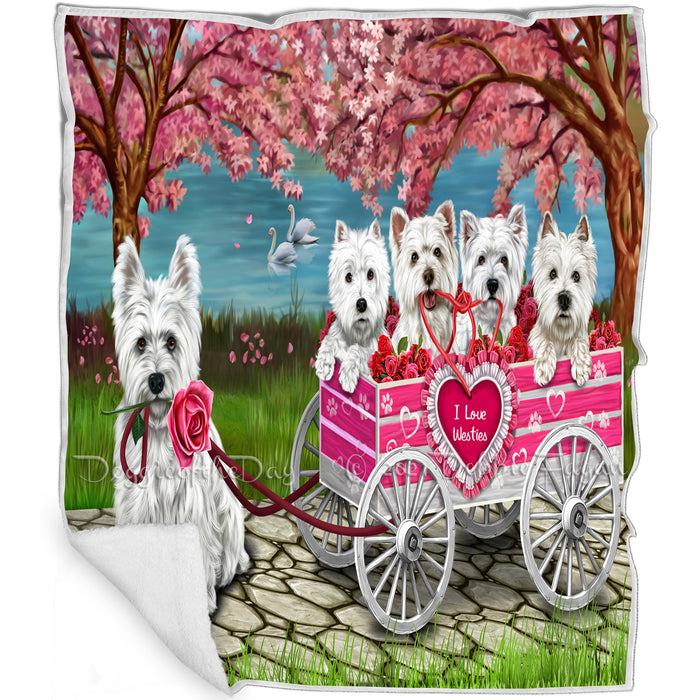 I Love Westies Dogs in a Cart Art Portrait Print Woven Throw Sherpa Plush Fleece Blanket