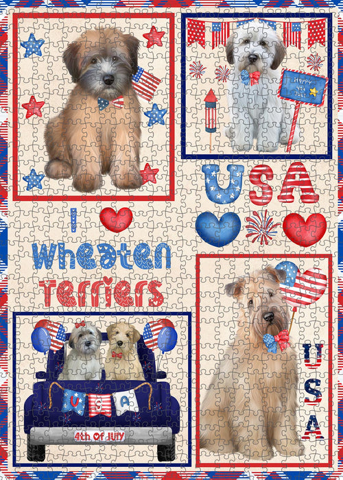 4th of July Independence Day I Love USA Wheaten Terrier Dogs Portrait Jigsaw Puzzle for Adults Animal Interlocking Puzzle Game Unique Gift for Dog Lover's with Metal Tin Box