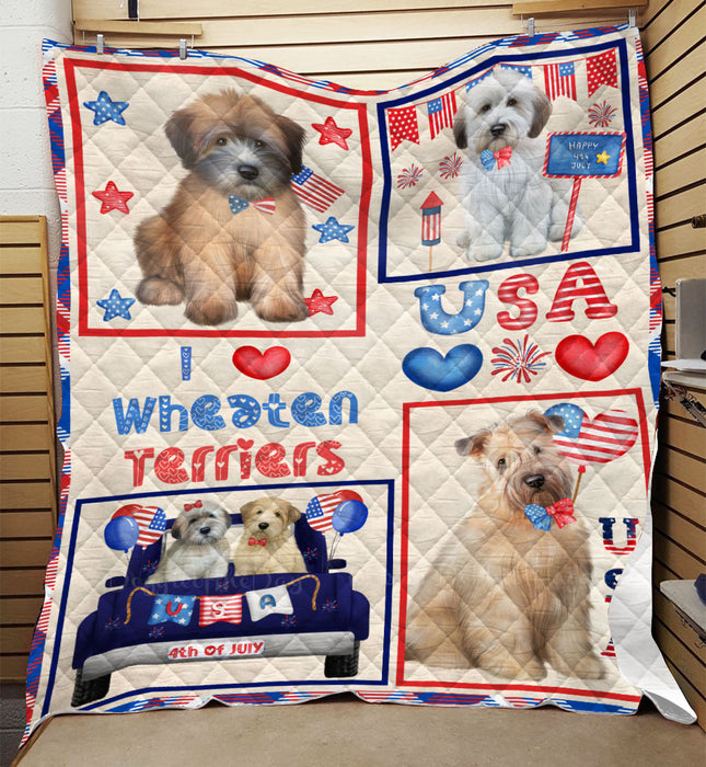 4th of July Independence Day I Love USA Wheaten Terrier Dogs Quilt Bed Coverlet Bedspread - Pets Comforter Unique One-side Animal Printing - Soft Lightweight Durable Washable Polyester Quilt