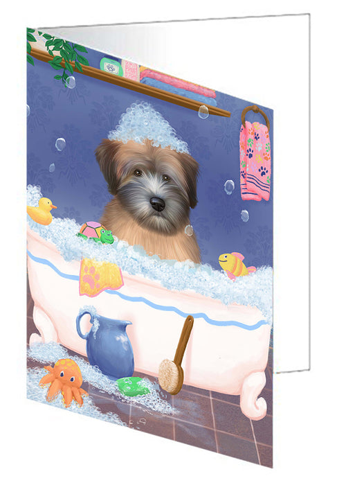 Rub A Dub Dog In A Tub Wheaten Terrier Dog Handmade Artwork Assorted Pets Greeting Cards and Note Cards with Envelopes for All Occasions and Holiday Seasons GCD79736