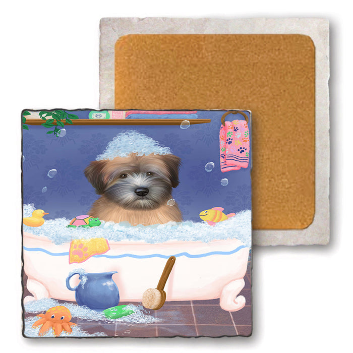 Rub A Dub Dog In A Tub Wheaten Terrier Dog Set of 4 Natural Stone Marble Tile Coasters MCST52474