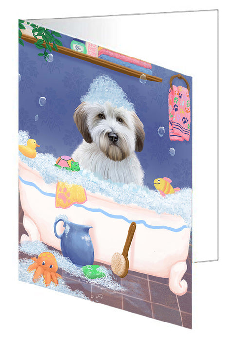 Rub A Dub Dog In A Tub Wheaten Terrier Dog Handmade Artwork Assorted Pets Greeting Cards and Note Cards with Envelopes for All Occasions and Holiday Seasons GCD79739