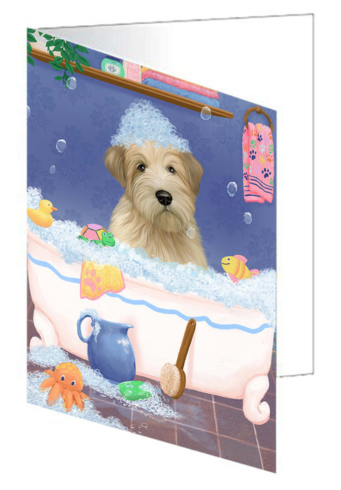 Rub A Dub Dog In A Tub Wheaten Terrier Dog Handmade Artwork Assorted Pets Greeting Cards and Note Cards with Envelopes for All Occasions and Holiday Seasons GCD79742