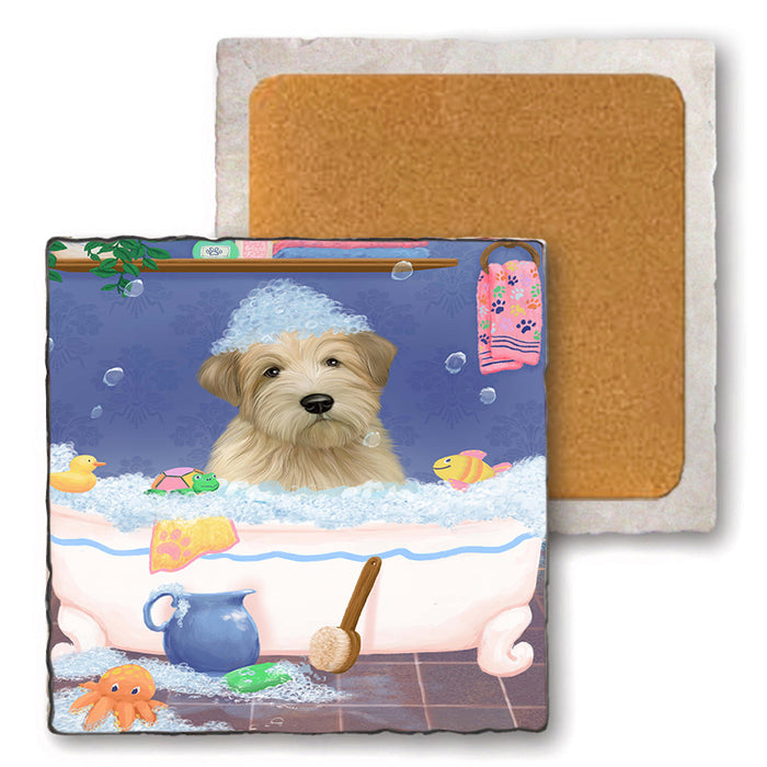 Rub A Dub Dog In A Tub Wheaten Terrier Dog Set of 4 Natural Stone Marble Tile Coasters MCST52476