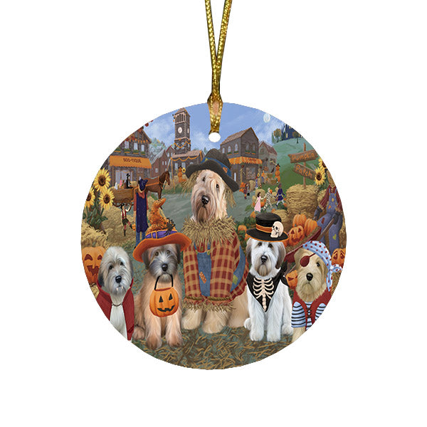 Halloween 'Round Town And Fall Pumpkin Scarecrow Both Wheaten Terrier Dogs Round Flat Christmas Ornament RFPOR57620