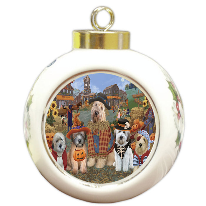 Halloween 'Round Town And Fall Pumpkin Scarecrow Both Wheaten Terrier Dogs Round Ball Christmas Ornament RBPOR57620