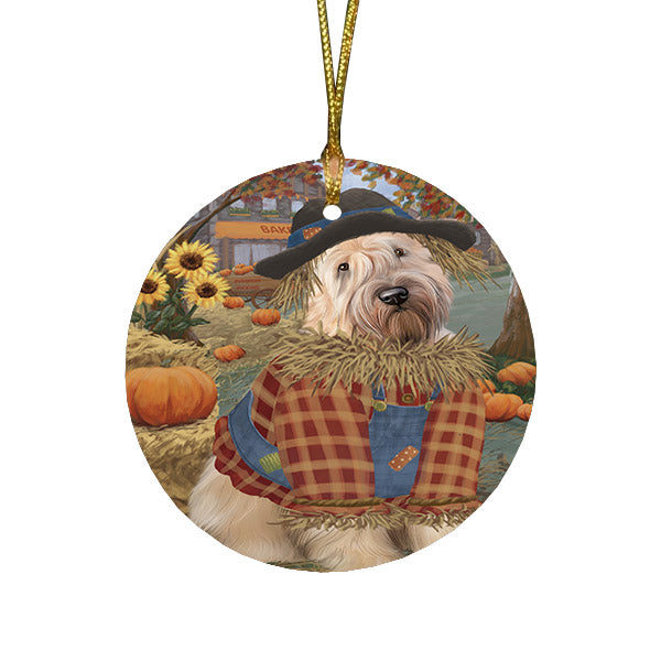 Halloween 'Round Town And Fall Pumpkin Scarecrow Both Wheaten Terrier Dog Round Flat Christmas Ornament RFPOR57681