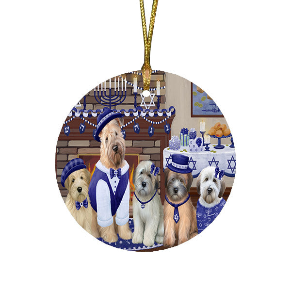 Happy Hanukkah Family and Happy Hanukkah Both Wheaten Terrier Dogs Round Flat Christmas Ornament RFPOR57650